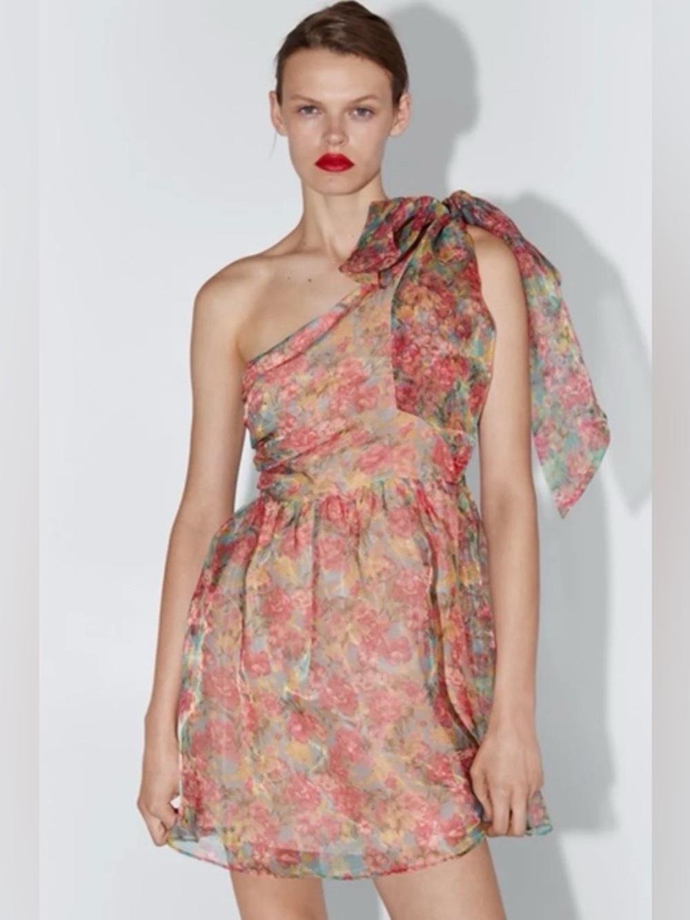 ZARA Floral Asymmetric Organza Mini Dress One Shoulder Size XS Fairy Whimsy